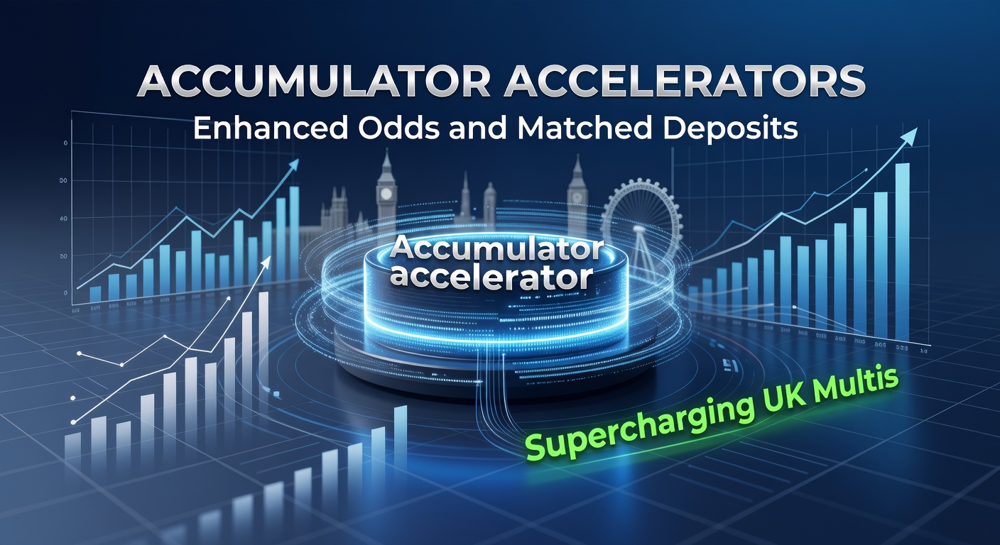 Vibrant graphic showing stacked accumulator bets with glowing enhanced odds multipliers and deposit match icons exploding returns on UK football multis