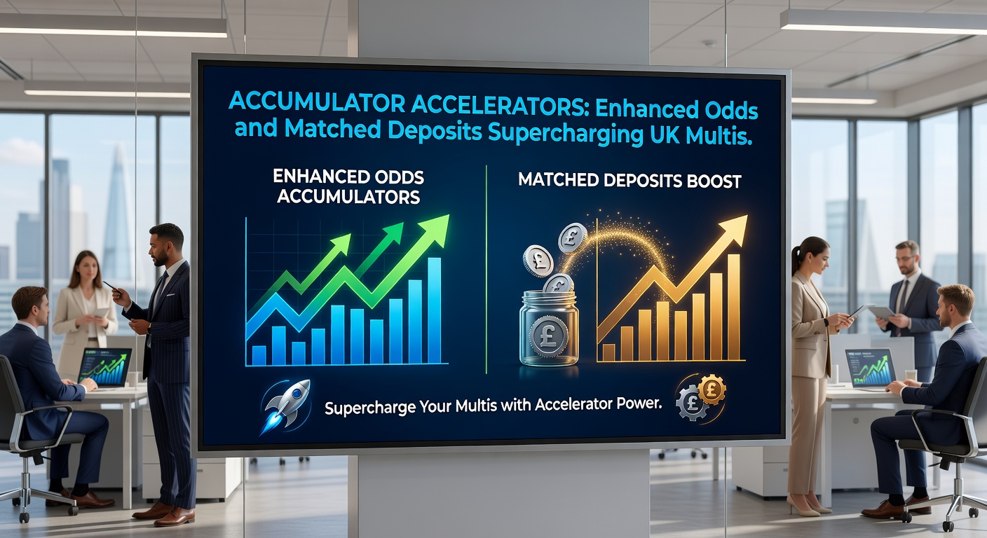 Dynamic illustration of a deposit match promo doubling a punter's stake on a glowing accumulator bet slip, with UK bookmaker logos and football pitches in the background