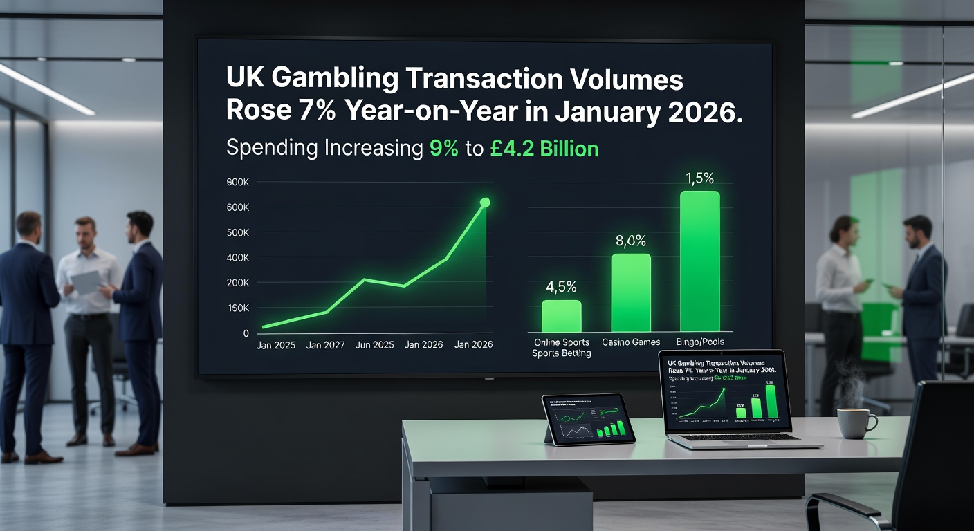 Illustration of diverse UK gamblers engaging with sports betting apps during major events like the World Cup, with rising transaction graphs in the background
