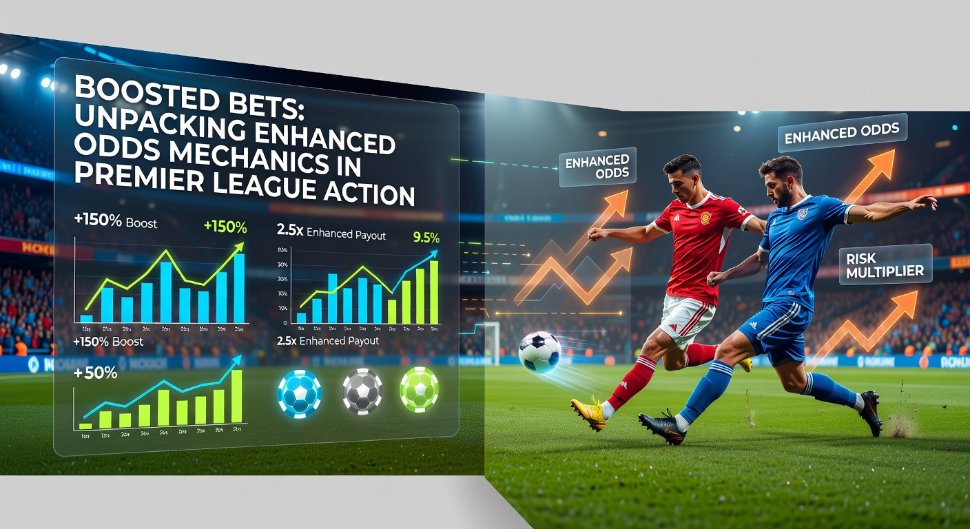 Vibrant stadium scene from a Premier League match with overlaid odds boosts highlighting key players and bets