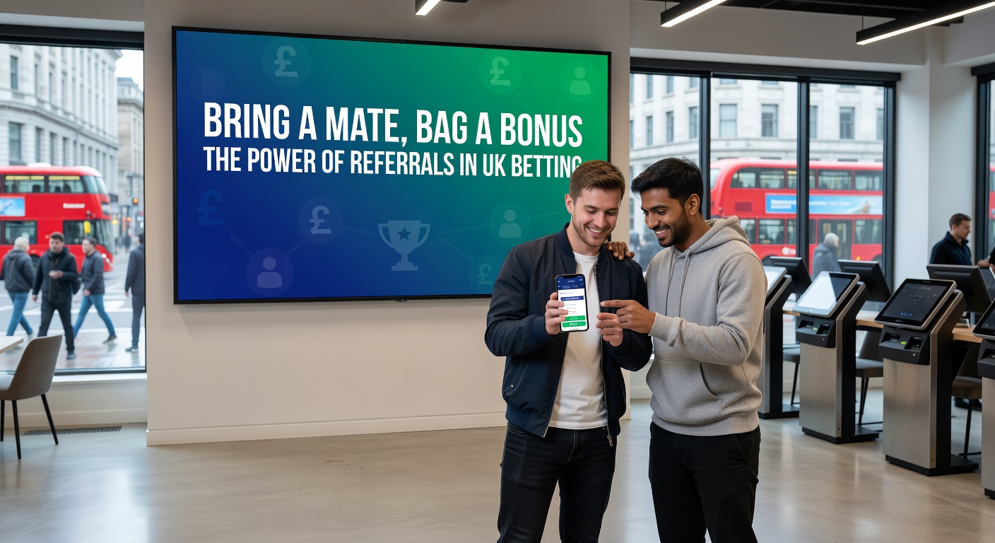Diverse group of UK bettors high-fiving over phones, celebrating referral bonus wins amid a lively pub atmosphere