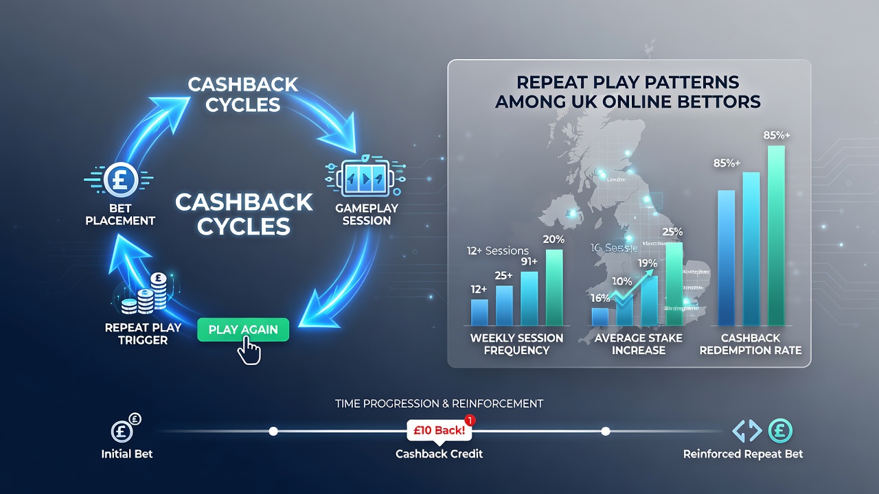 Analytics dashboard displaying repeat play metrics and cashback distribution trends for UK betting sites