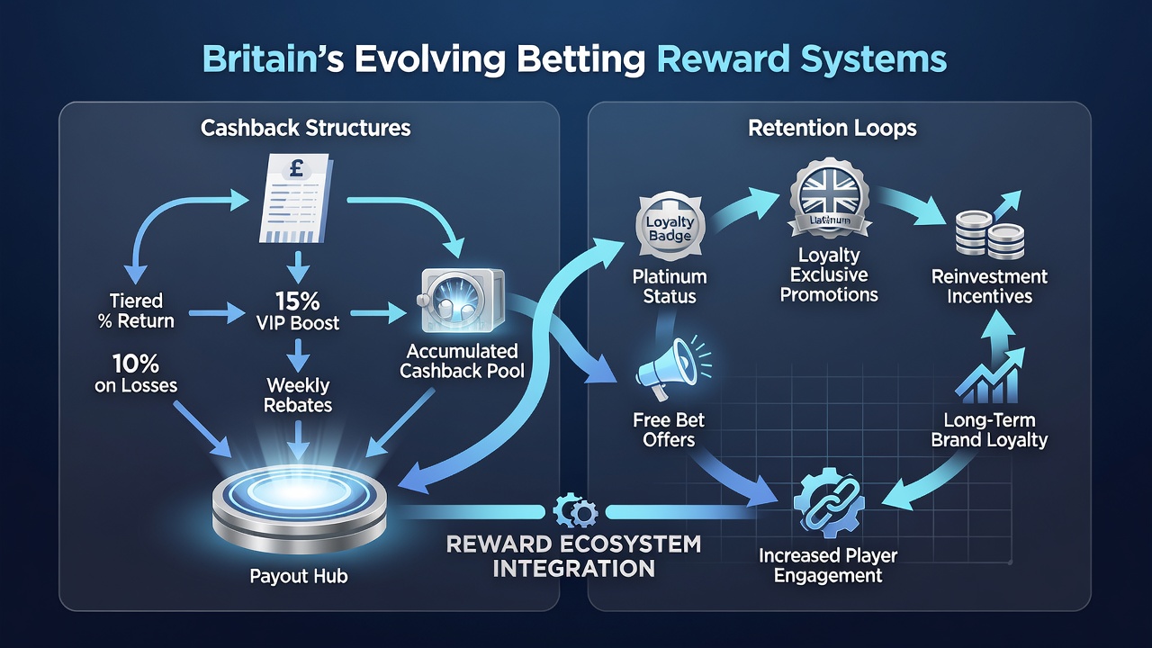 Diagram showing retention loop cycles and cashback progression in British betting reward systems