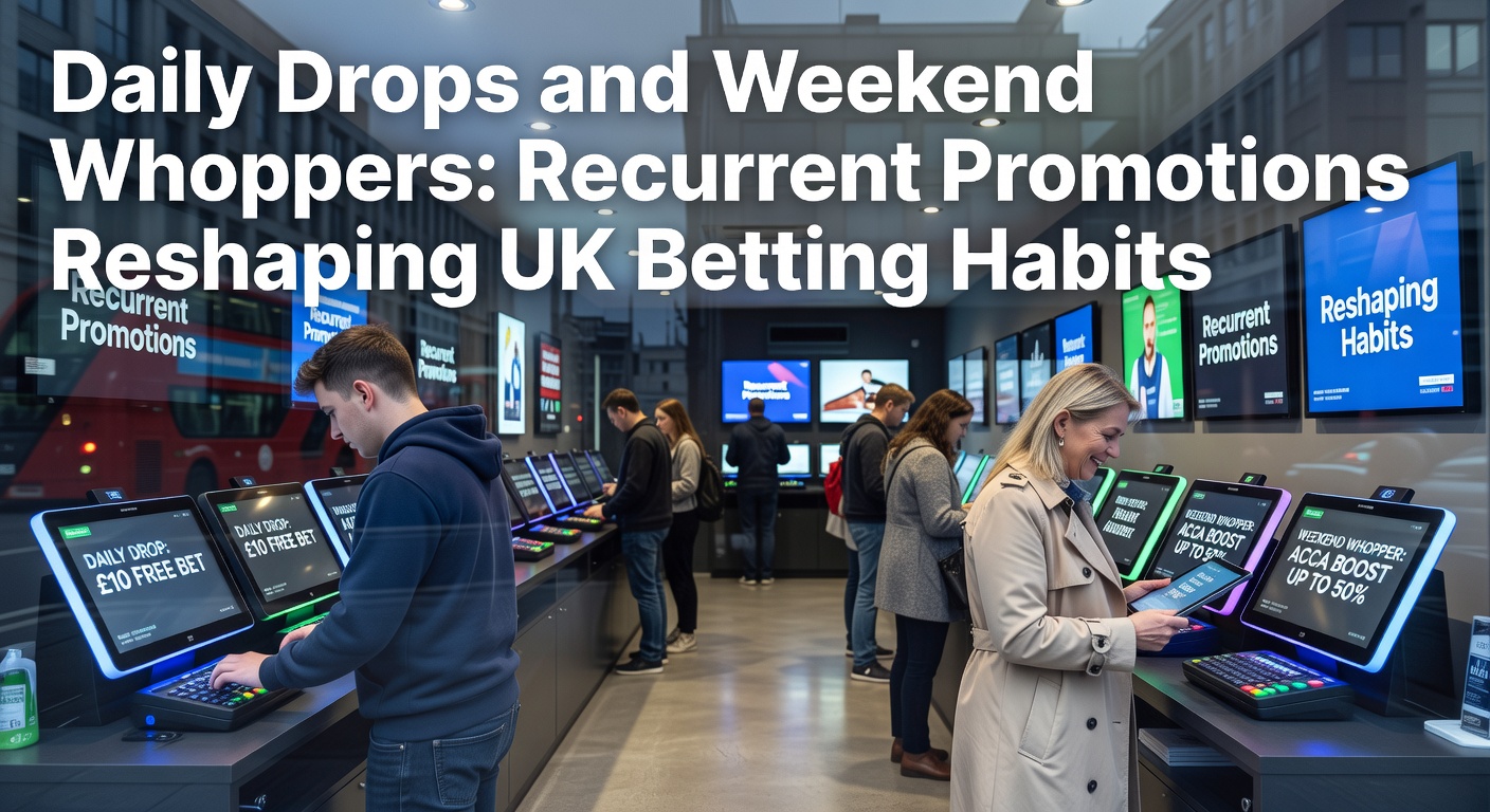 Vibrant display of slot machines and betting slips highlighting daily drop promotions in a bustling UK bookmaker atmosphere
