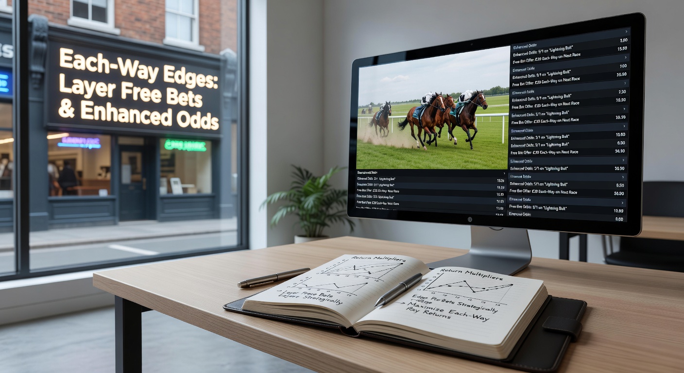 Close-up of a bookmaker app displaying enhanced each-way odds for an upcoming UK horse race, with free bet icons and extra place promotions highlighted
