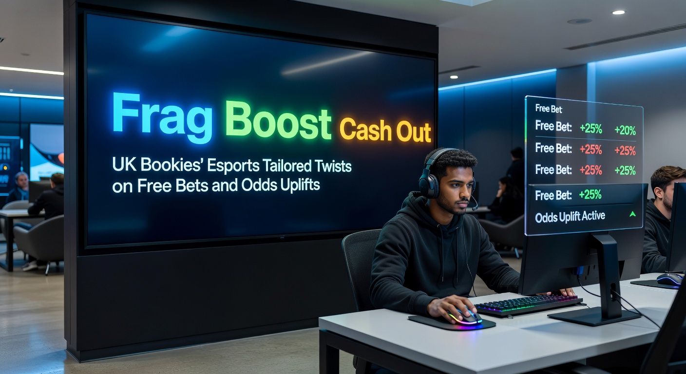 Dynamic esports arena with glowing screens displaying frag counters, odds boosts, and cash out buttons from UK betting platforms