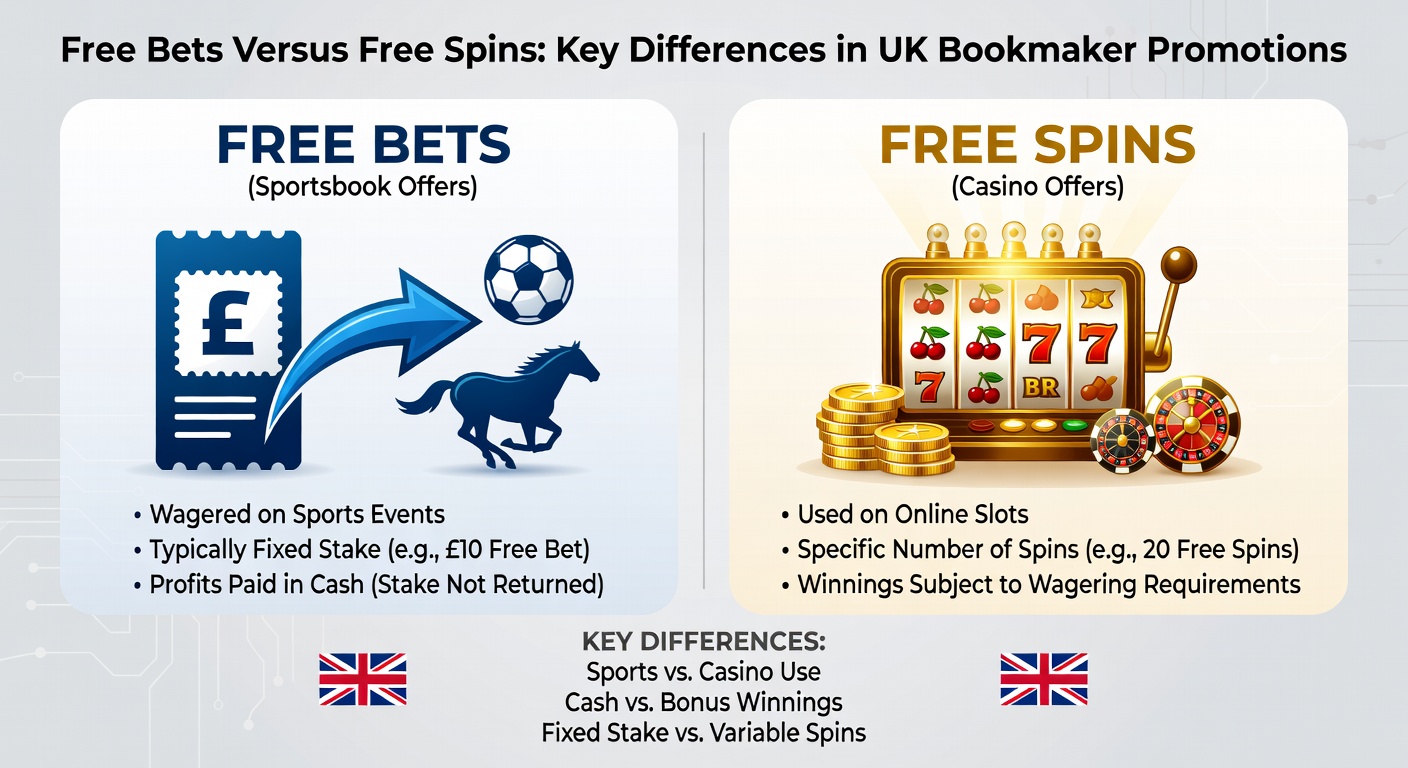 Graphic comparing free bet tokens and spinning slot reels in a UK betting context