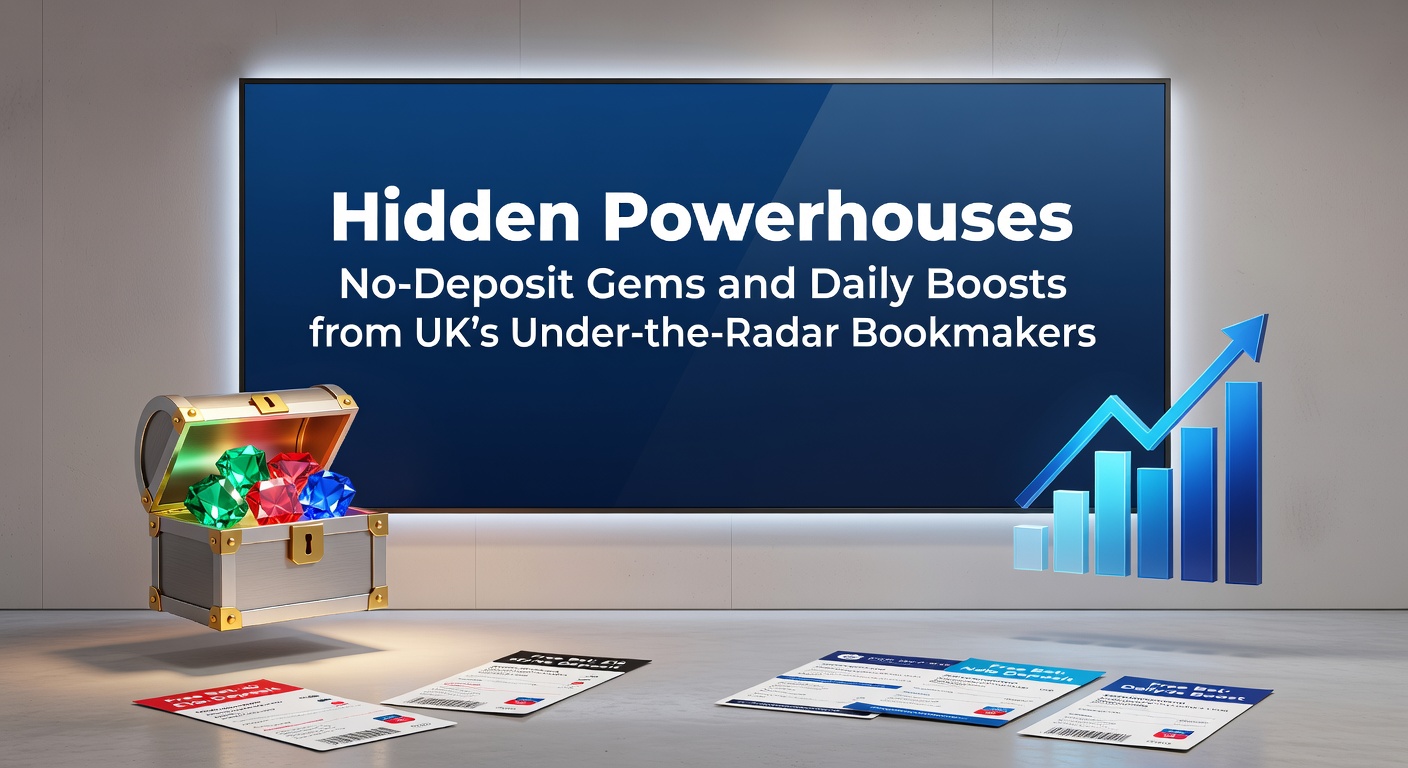 Collage of understated bookmaker logos glowing with bonus icons against a subtle UK skyline backdrop