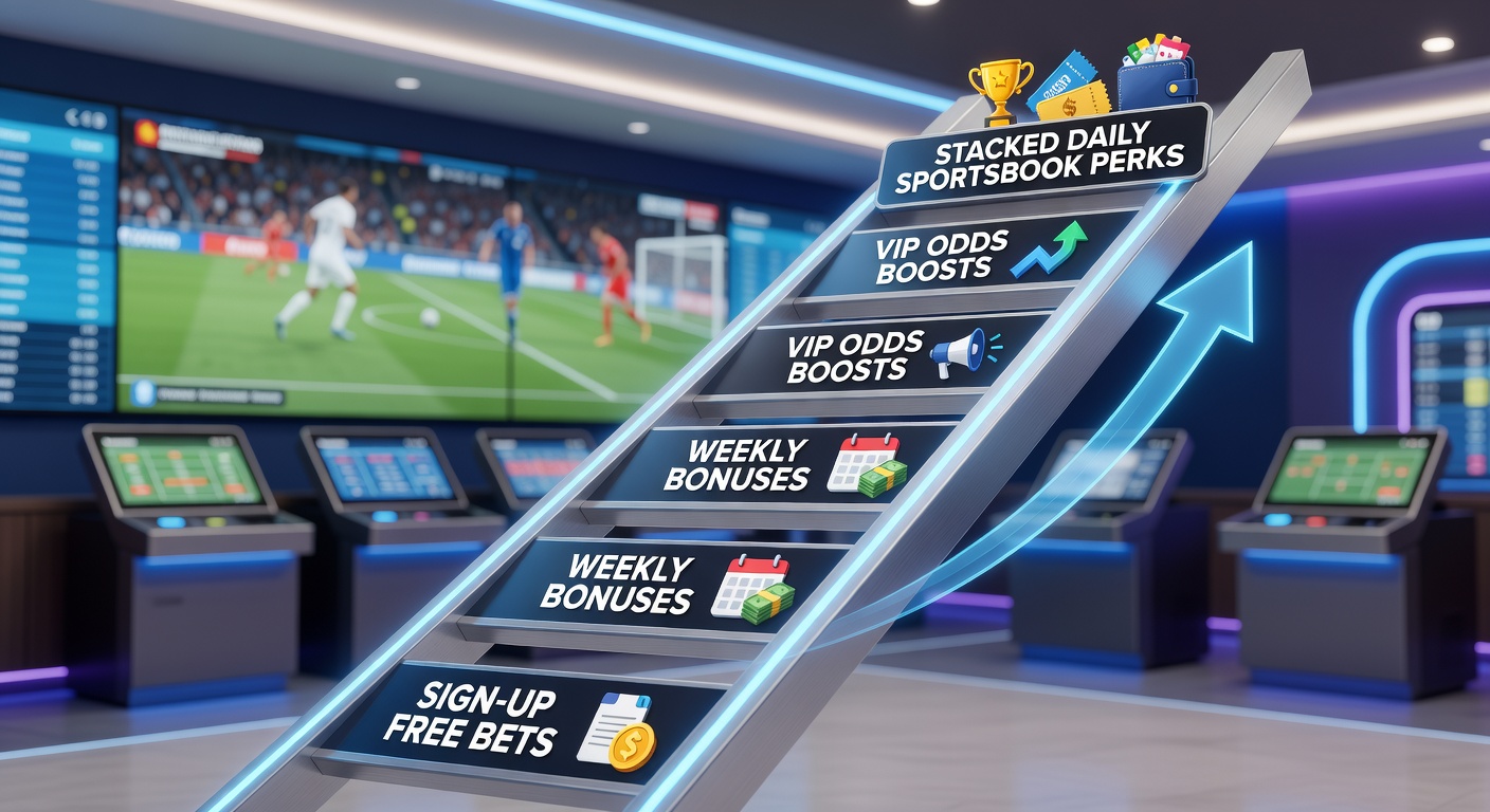 Graphic illustrating a ladder with rungs labeled from sign-up free bet to daily stacked perks, symbolizing progression in sportsbook loyalty programs