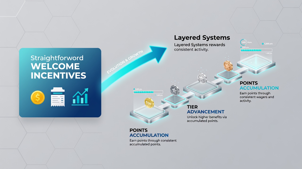 Loyalty structures at licensed betting sites showing progression from welcome bonuses to advanced tier rewards and points systems