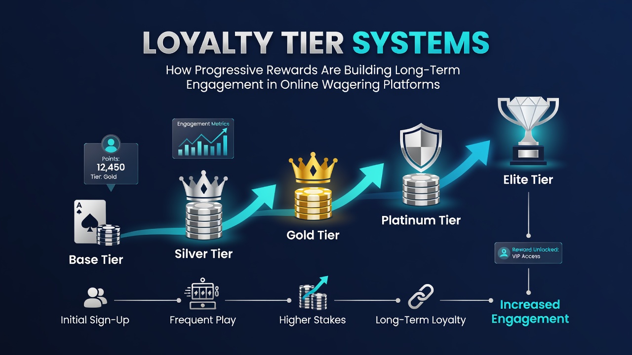 Illustration showing layered loyalty tiers with progressive reward icons and user engagement metrics on a digital wagering interface