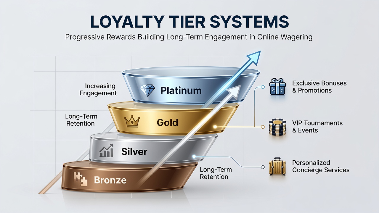 Graph displaying tier advancement curves alongside retention rates and average wager frequency over a twelve-month period