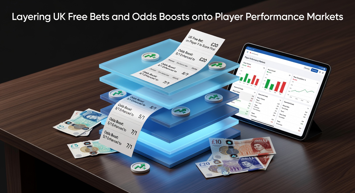Graphic showing layered betting offers on a football player prop market, with free bet icons and boosted odds multipliers highlighted