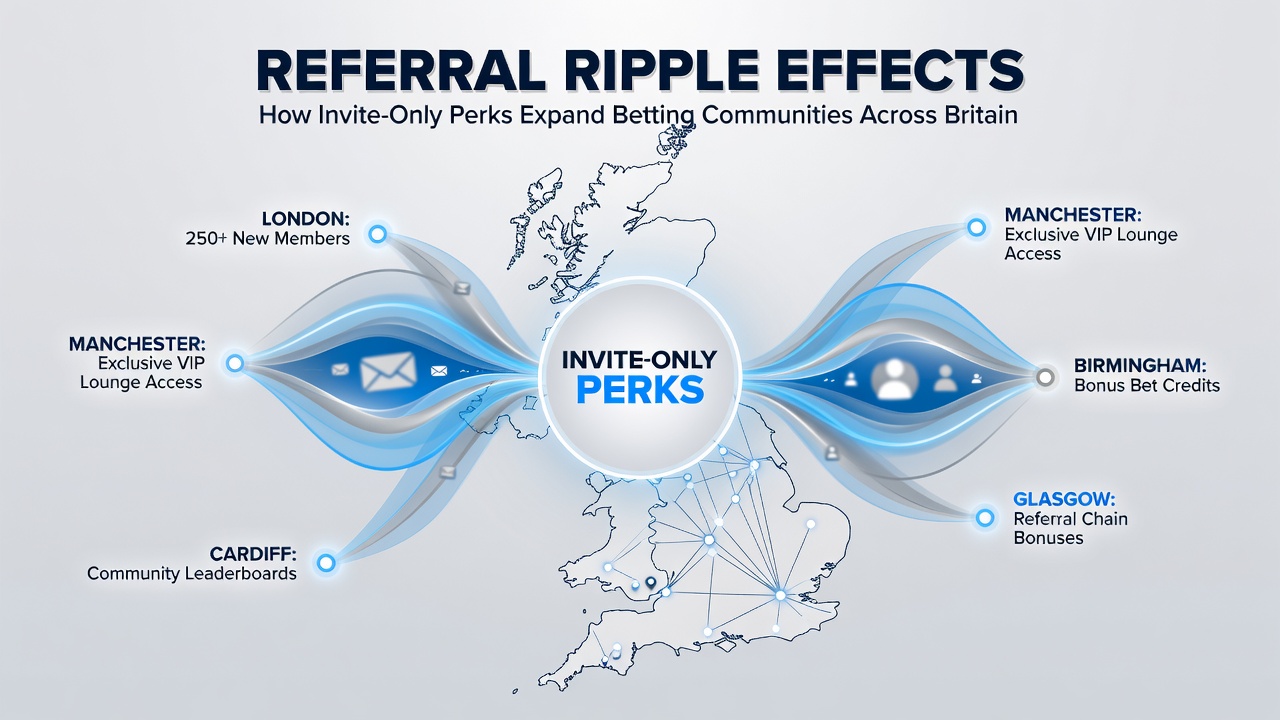 Illustration showing interconnected betting networks across Britain with referral chains expanding communities