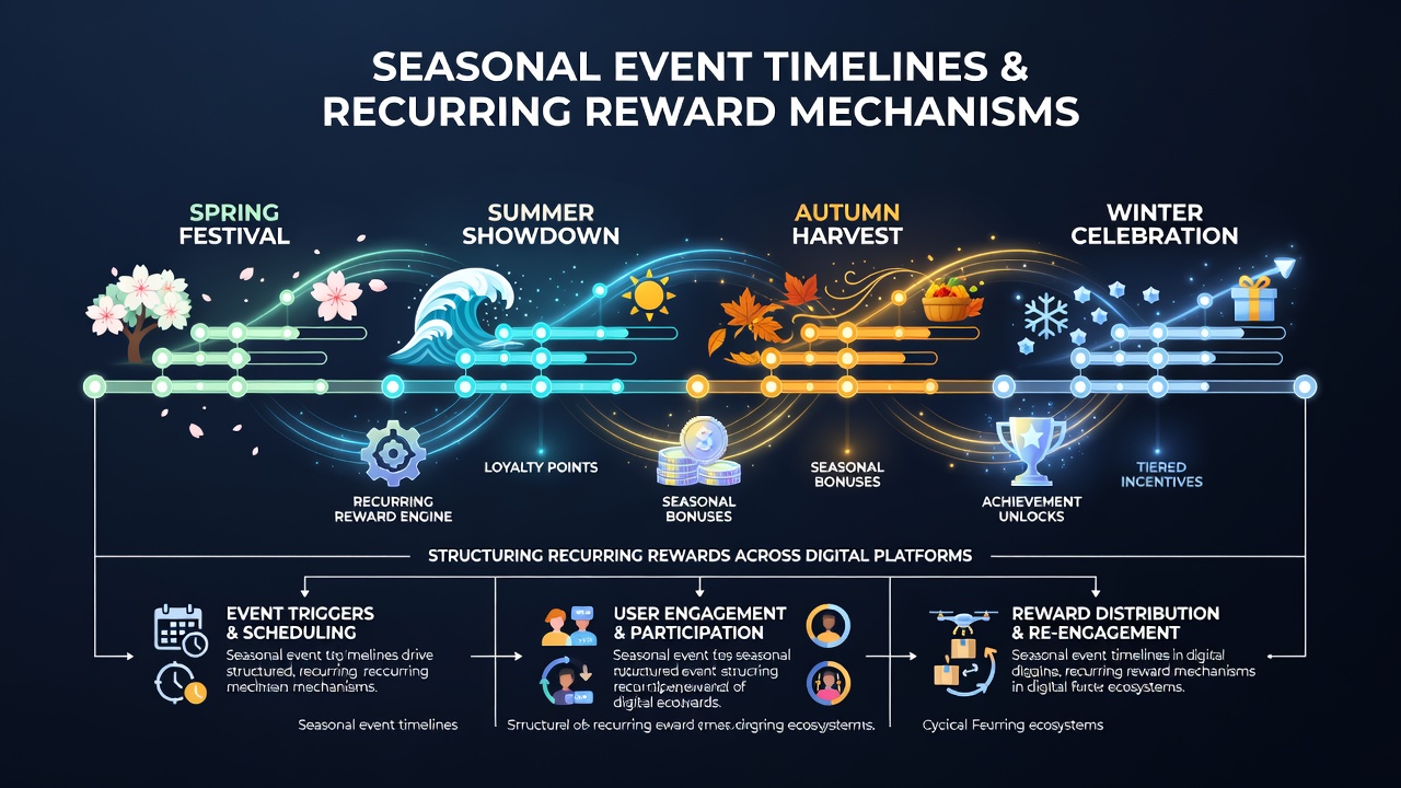 Seasonal reward dashboard showing active timelines and progress trackers