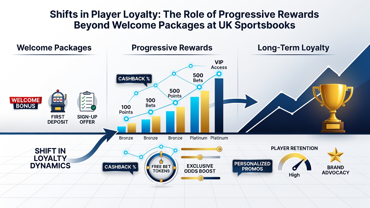 Infographic displaying progression from welcome bonus to ongoing loyalty rewards at UK sportsbooks