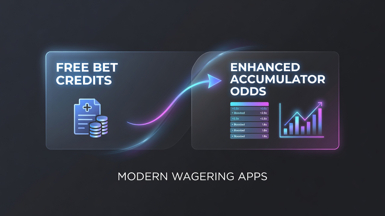 Illustration of free bet credits being applied to accumulator bets in a wagering app interface
