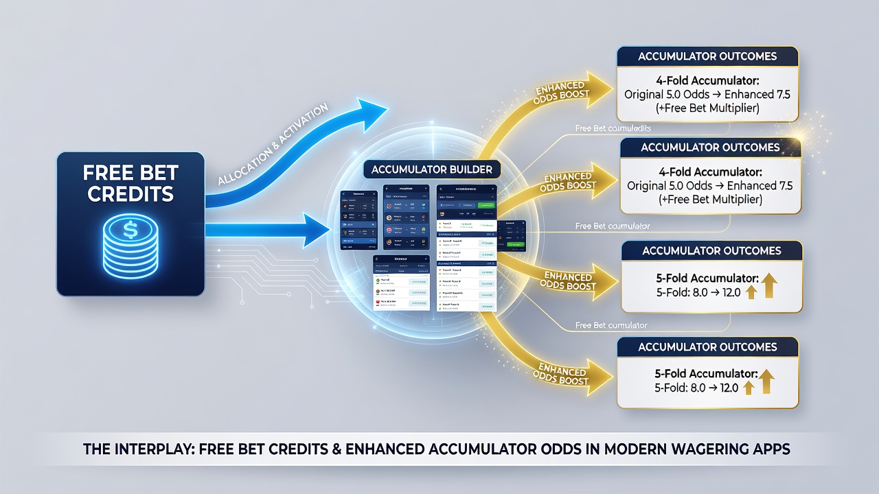 Screenshot showing accumulator builder screen with free bet credit toggle and boosted odds display in a mobile app