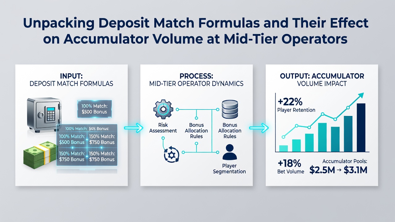 Deposit match formulas displayed on a mid-tier operator dashboard with accumulator bet examples