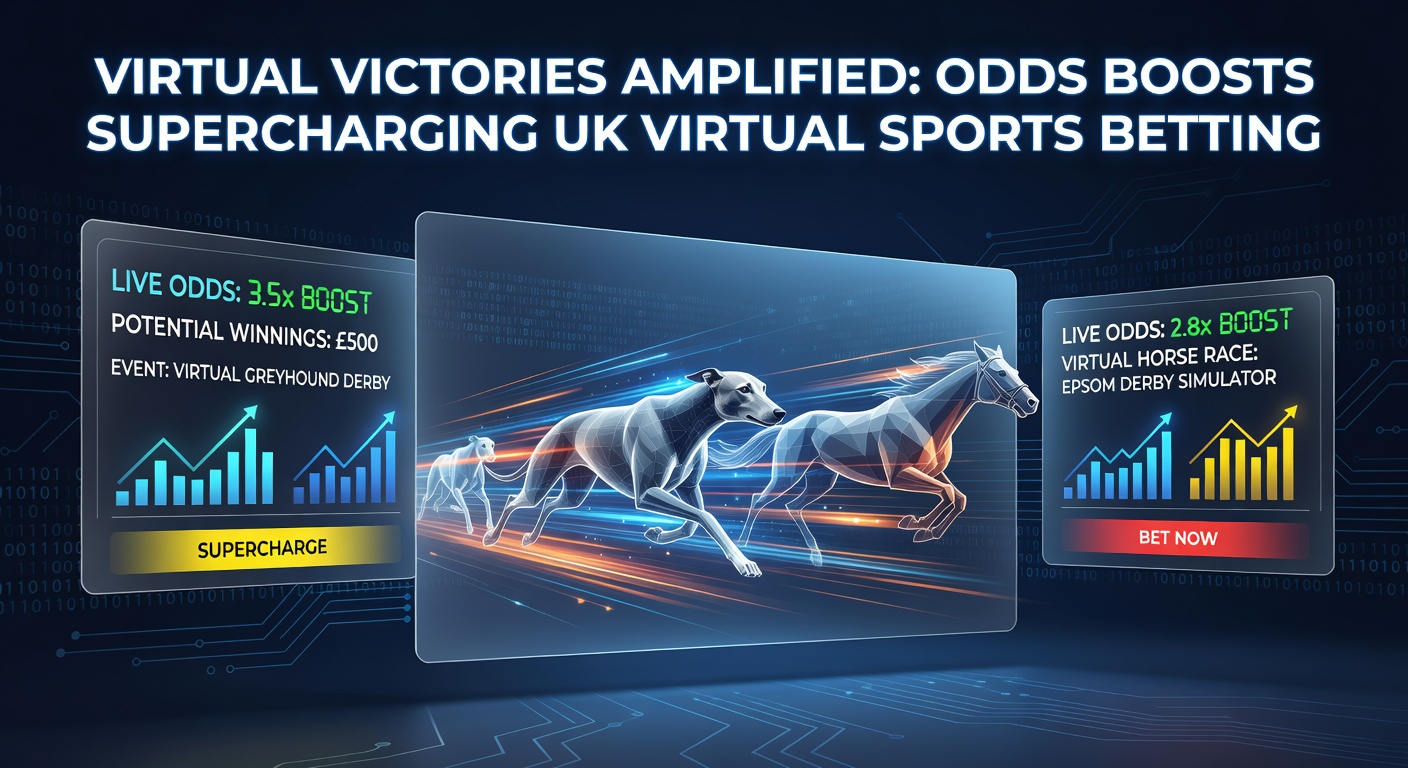 Dynamic graphic of virtual football match with glowing odds boost icons overlayed, capturing the fast-paced excitement of simulated sports betting