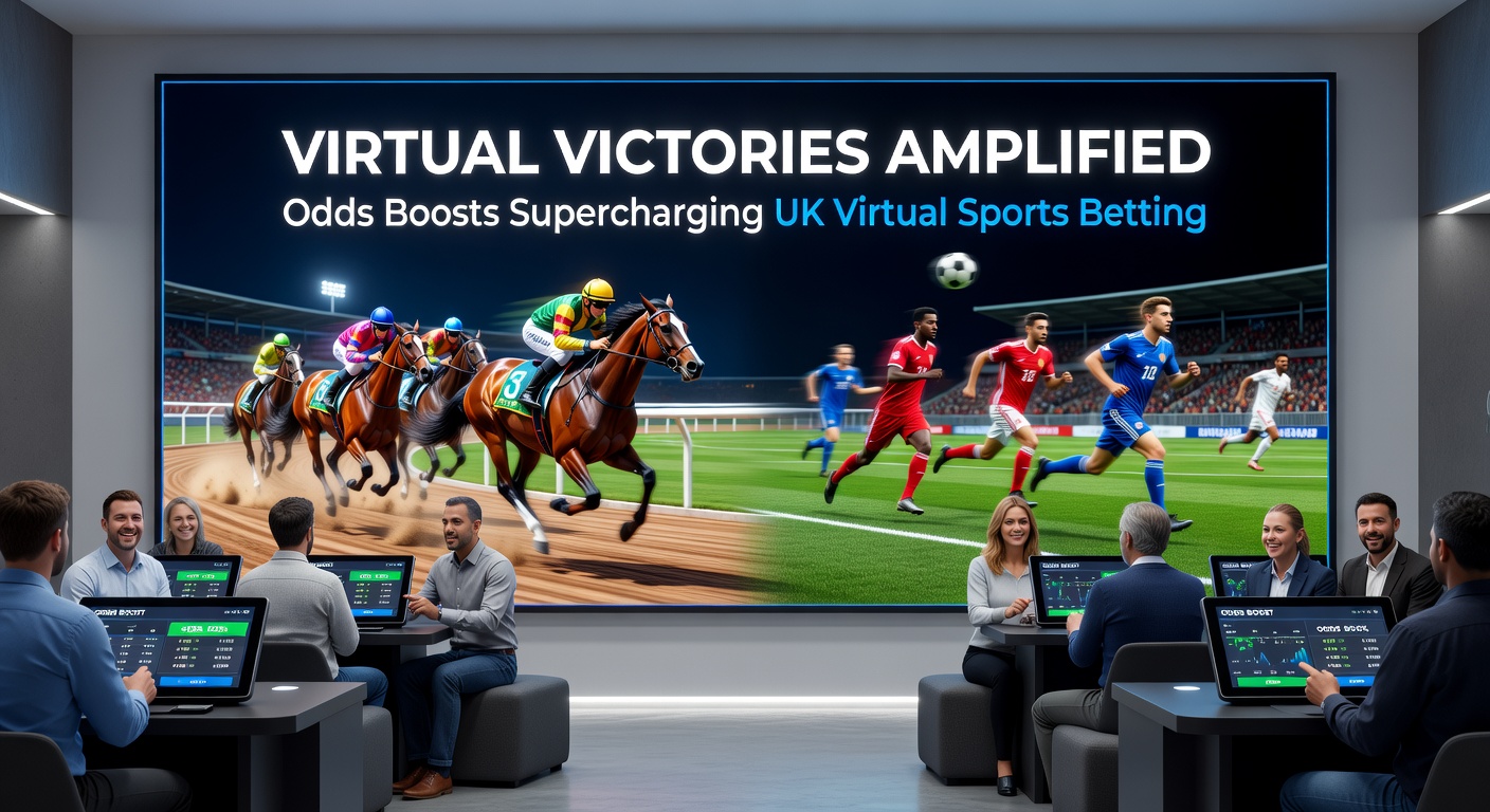 Screenshot of a bookmaker app showing active odds boost on virtual horse racing, with enhanced payout figures highlighted against a backdrop of galloping digital horses